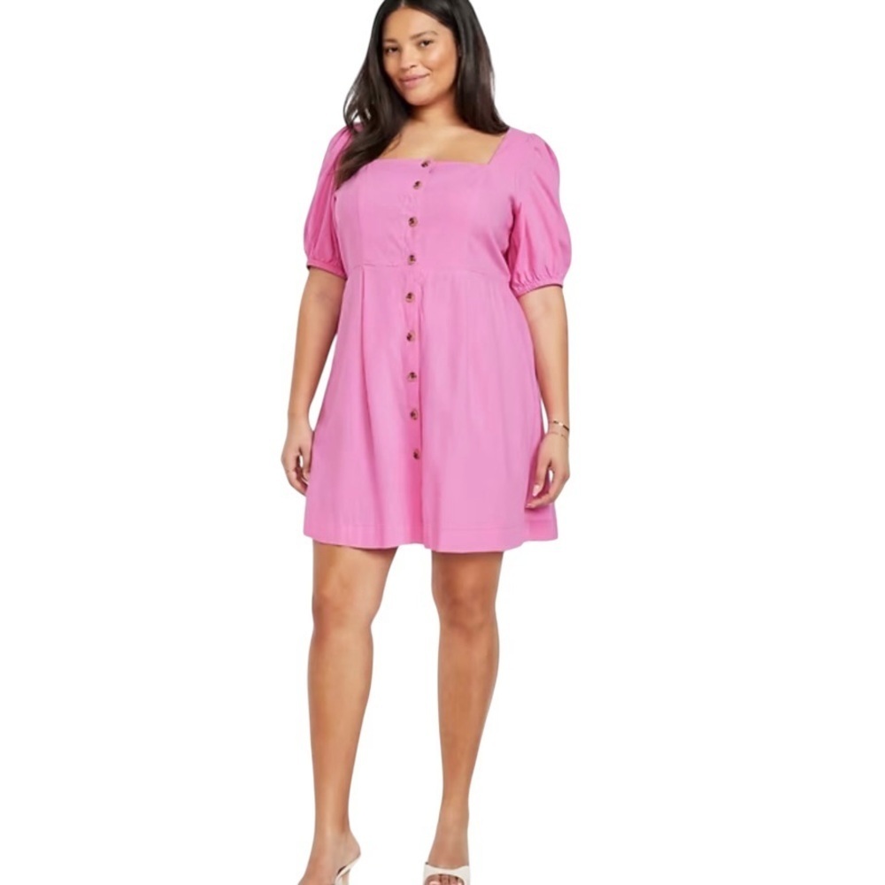 Old Navy Linen Blend Puff Sleeves Mini Dress Women’s Plus Size 4X Pink Square